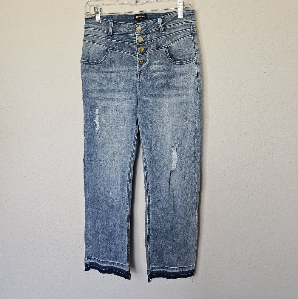 Bebe High Waist Exposed Button Straight Leg‎ Blue Jeans Womens Size 29 / 8